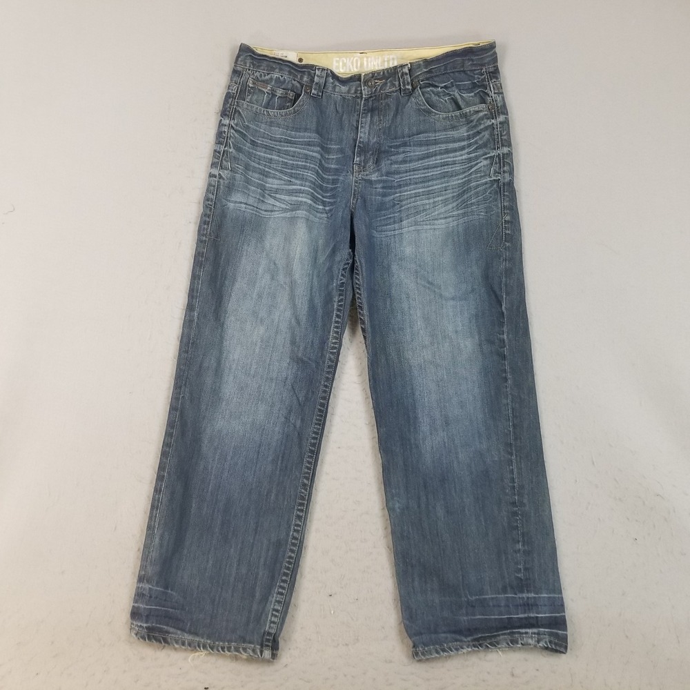Ecko Unltd Jeans Mens 40 Blue Baggy Fit 100% Cotton Y2K Streetwear Distressed